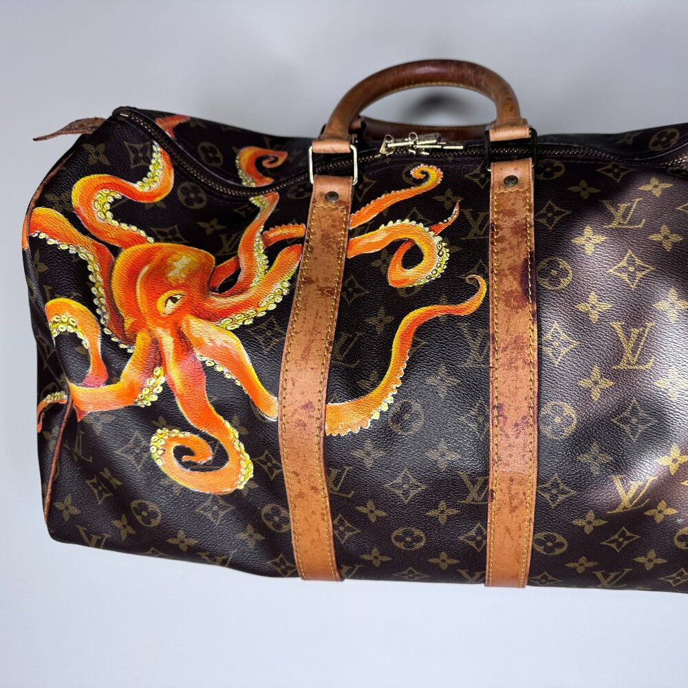 Custom Hand Painted Octopus Louis Vuitton VINTAGE Keepall 45 Signature LV Bag